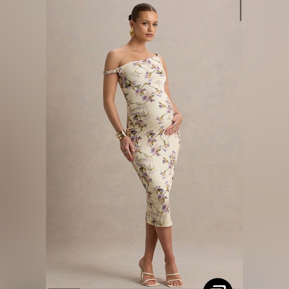Club L London Cream Floral One-Shoulder Midi Dress